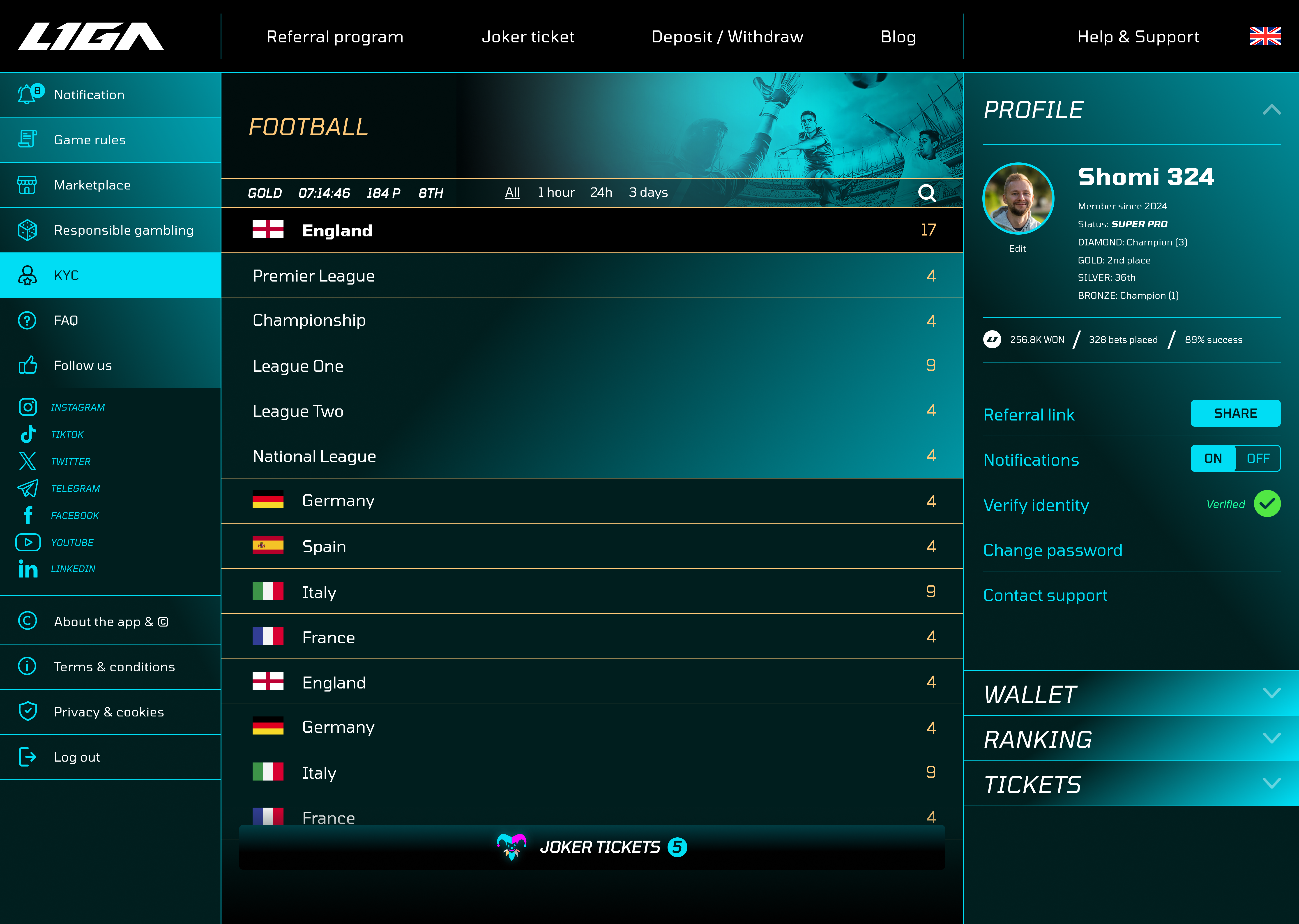 LIGA desktop tournament selection screen